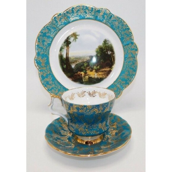 Royal Windsor Bone China Green & Gold Leaves Teacup Saucer Plate Set - Picture 5 of 10